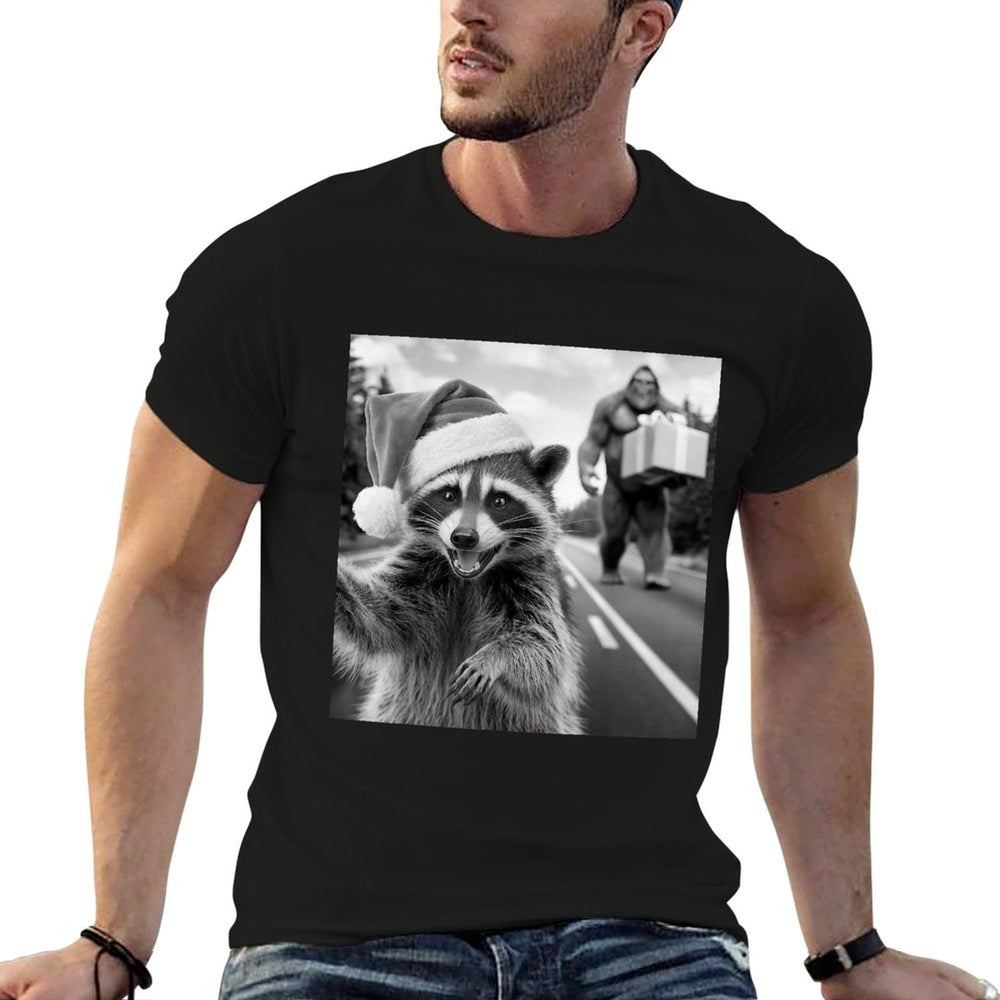 Funny Christmas Raccoon Raccoon Selfie With Bigfoot  Ribbed Collar T-Shirt