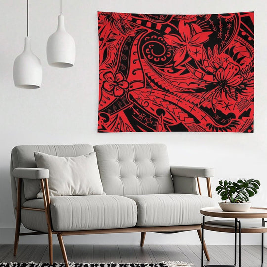 Polynesian Tribal Lava Red Leaf And Floral Print Tapestry