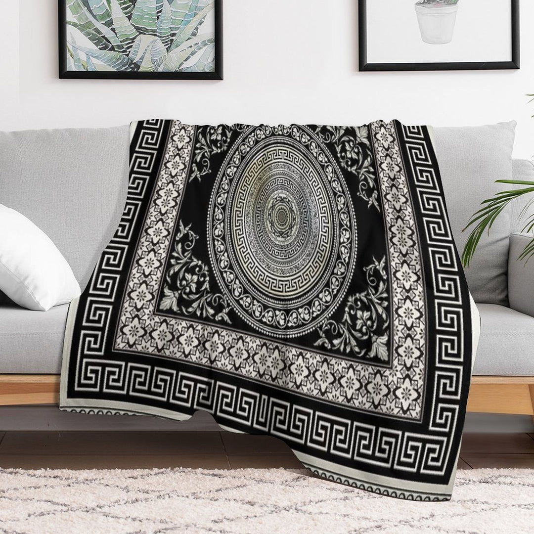 Greek Key Meander Black Cream Ornate Medallion Machine-washable Throw Blanket