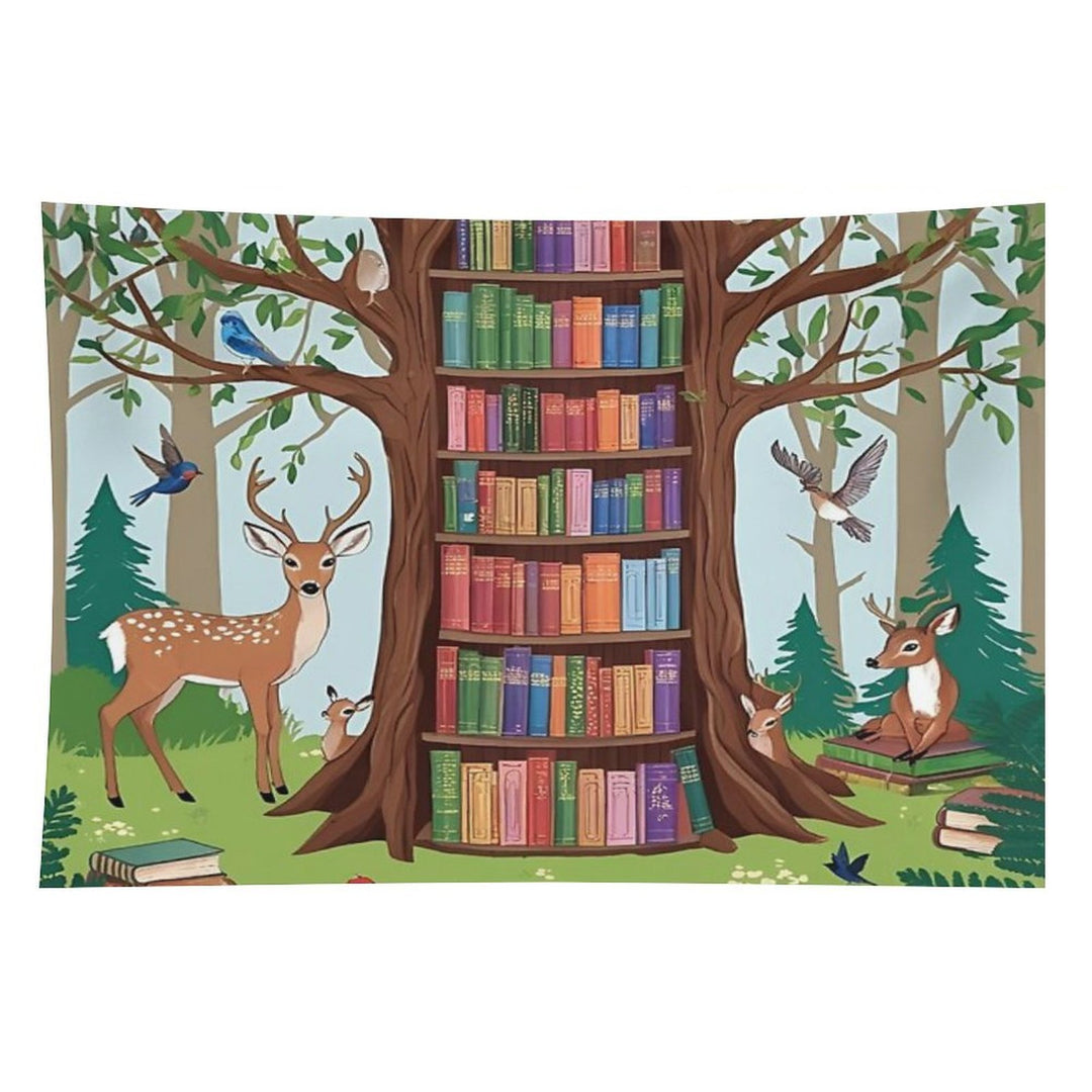 Enchanted Forest Library – Whimsical Book Haven Illustration Tapestry