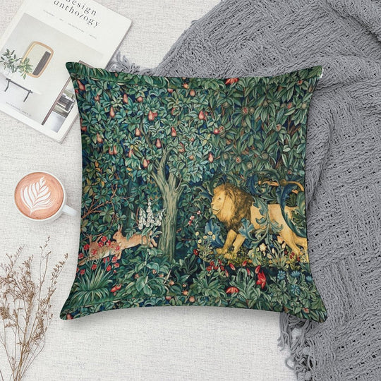 GREENERY, FOREST ANIMALS Lion And Hares Blue Green Floral Tapestry Soft Warmth Comfort Throw Pillow