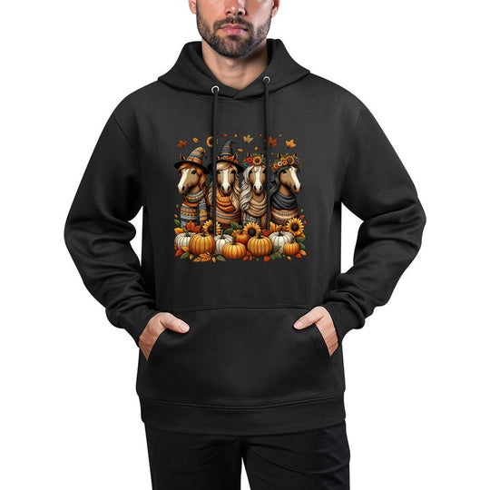 Fall Horse Thanksgiving Fall Leaves Western Horses - Unisex-Adult, Black, Small,, Classic Fit, Western, Holiday, Cartoon, Autumn Medium-Weight Fabric Hoodie
