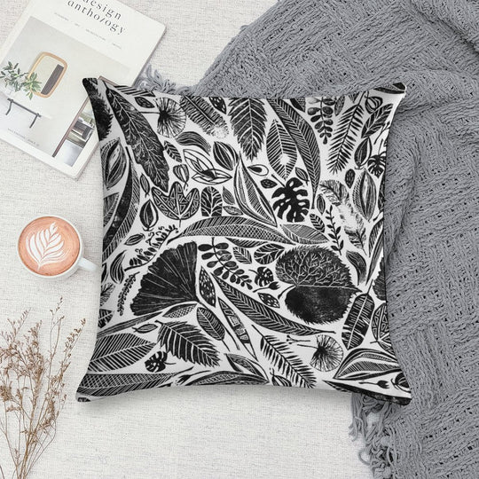 Mixed Leaves, Lino Cut Printed Nature Inspired Hand Printed Pattern Soft Gift Ready Throw Pillow