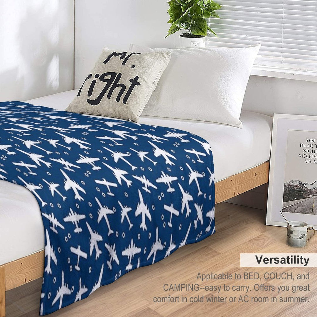 Blue And White Aeroplanes Silhouette Pattern Wrinkle-free Throw Blanket
