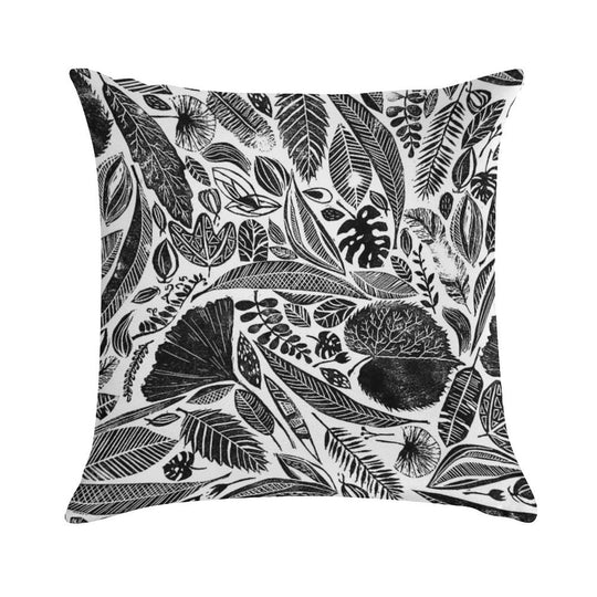 Mixed Leaves, Lino Cut Printed Nature Inspired Hand Printed Pattern Soft Gift Ready Throw Pillow
