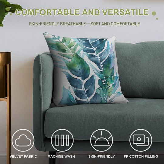 Tropical Blue Green Paradise Watercolor Leaves Soft Style Accent Throw Pillow