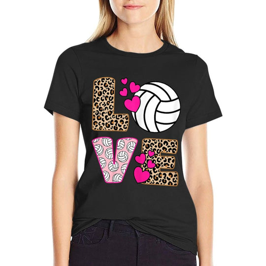 Cute Love Volleyball Leopard Print Women Girls Volleyball  Durable T-Shirt