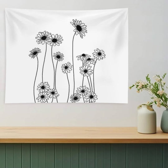 Daisies Botanical Line Drawing Tapestry
