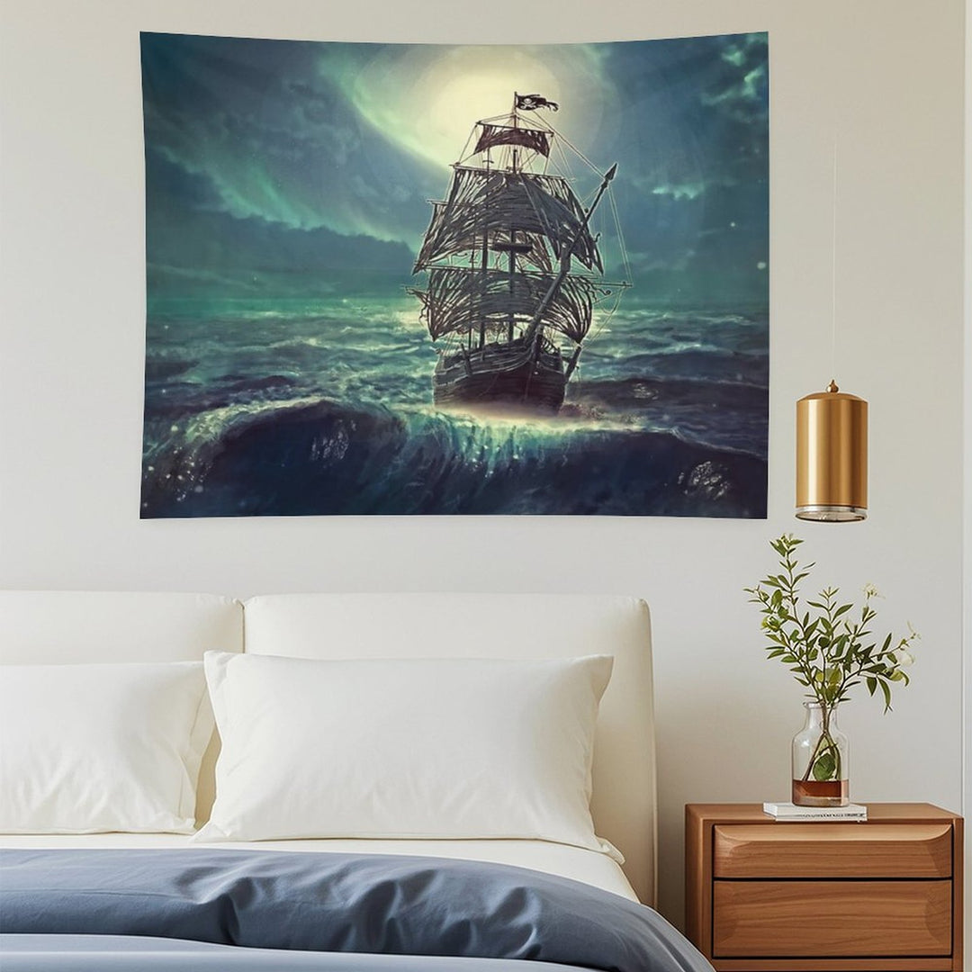 Ghost Pirate Ship at Night Tapestry