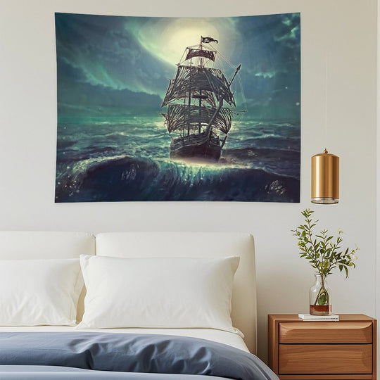 Ghost Pirate Ship at Night Tapestry
