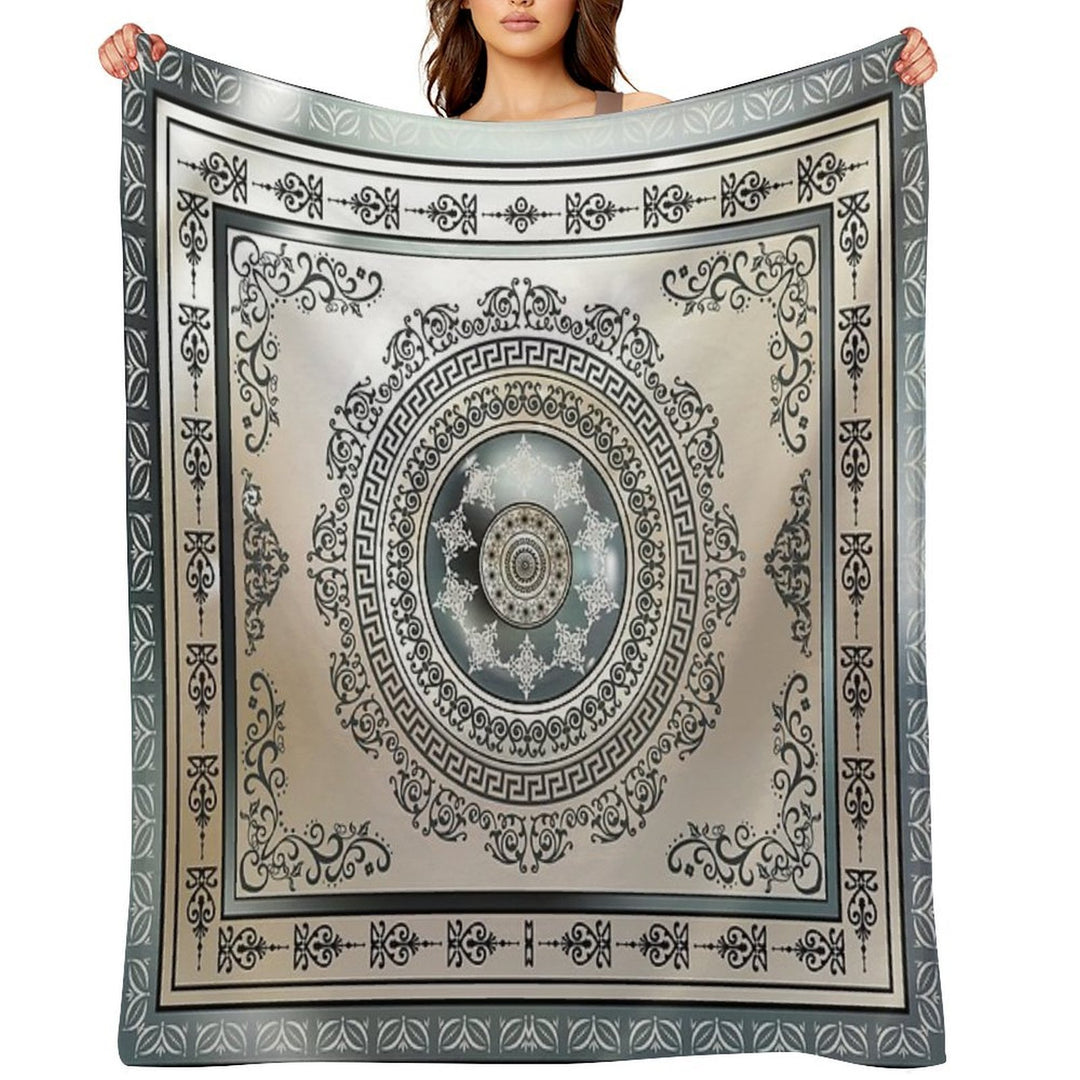 Ornate Greek Key Meander Green And Cream Medallion Machine-washable Throw Blanket