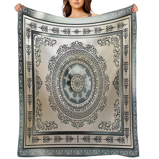 Ornate Greek Key Meander Green And Cream Medallion Machine-washable Throw Blanket