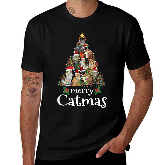 Merry Catmas Funny Cat Mom Cat Dad Christmas Cat  Fade-proof Color T-Shirt