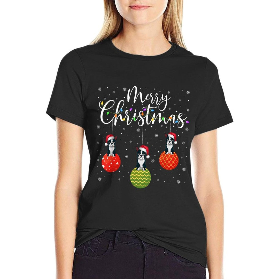 Merry Christmas Lights Santa Hat Boston Terrier Ugly Xmas  Summer-ready Fabric T-Shirt