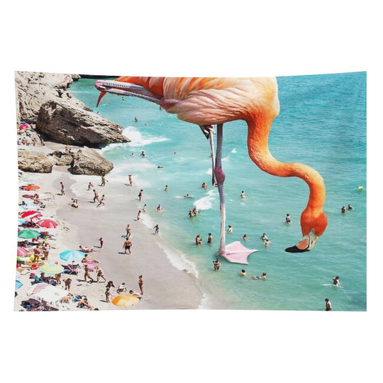Flamingos on The Beach, Wildlife Surrealism Birds, Nature Flamingo Fantasy Beach Summer Photography Tapestry