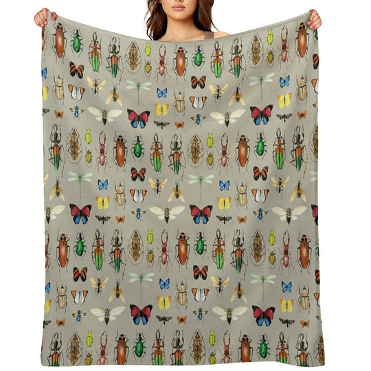 The Usual Suspects - Insects on Grey - Watercolour Bugs Pattern by Cecca Designs Plush Throw Blanket