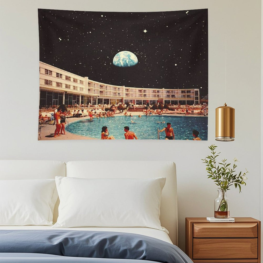 Lunar Pool Life - Retro-Futuristic Holiday Resort, Science Fiction Collage Tapestry