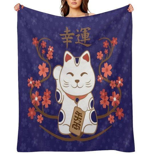 Maneki-neko Cat with Good Luck Kanji Comfort Throw Blanket