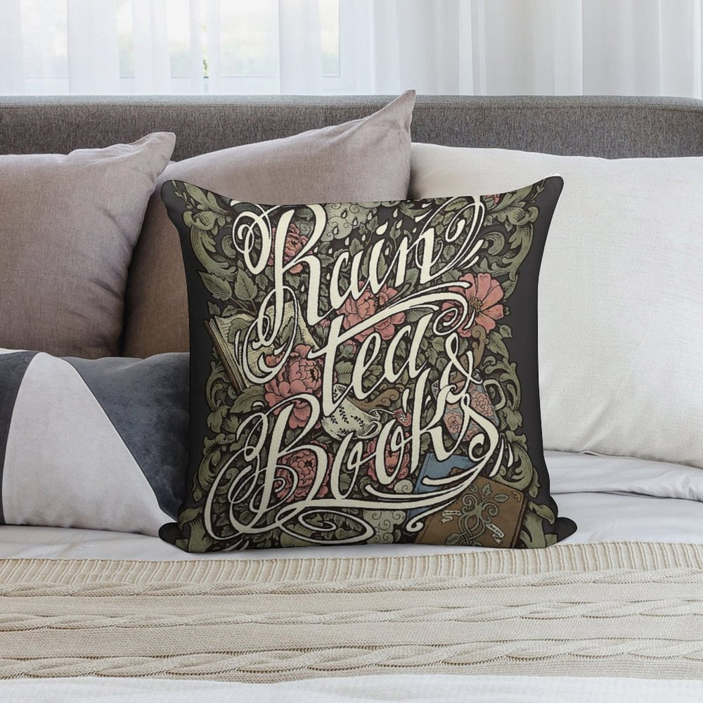 Rain, Tea & Books - Color Version Soft Short Plush Fabric Throw Pillow