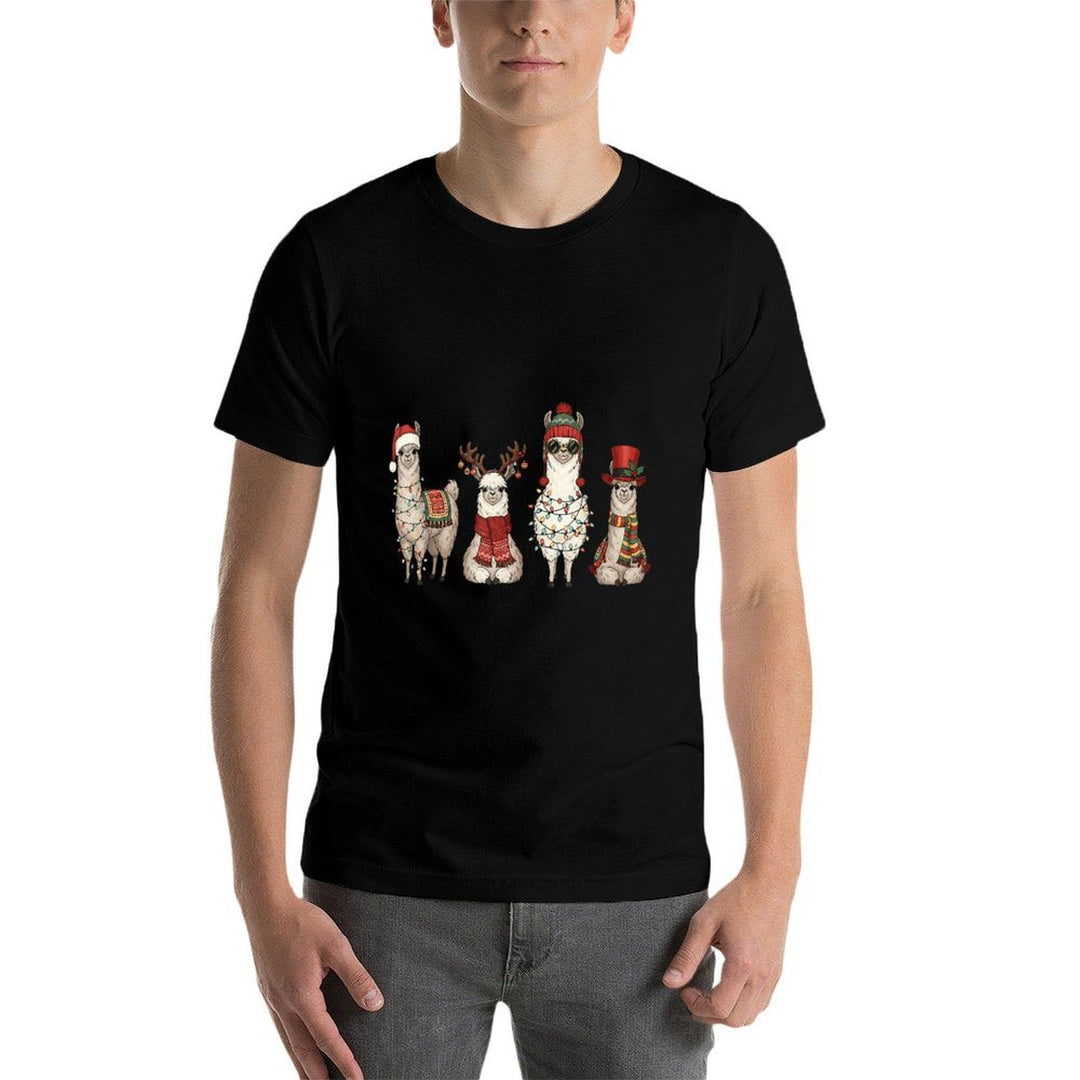 Christmas Llama Quartet Lights Santa Antlers Top Hat Scarf  Cotton T-Shirt