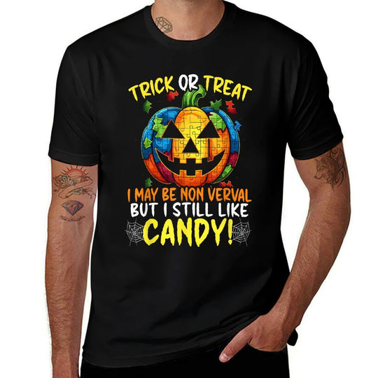 Autism Halloween Puzzle Trick Or Treat Autism Awareness  Cotton T-Shirt