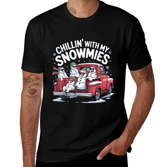 Chillin with My Snowmies Pickup Truck Snowman Christmas  Ribbed Collar T-Shirt