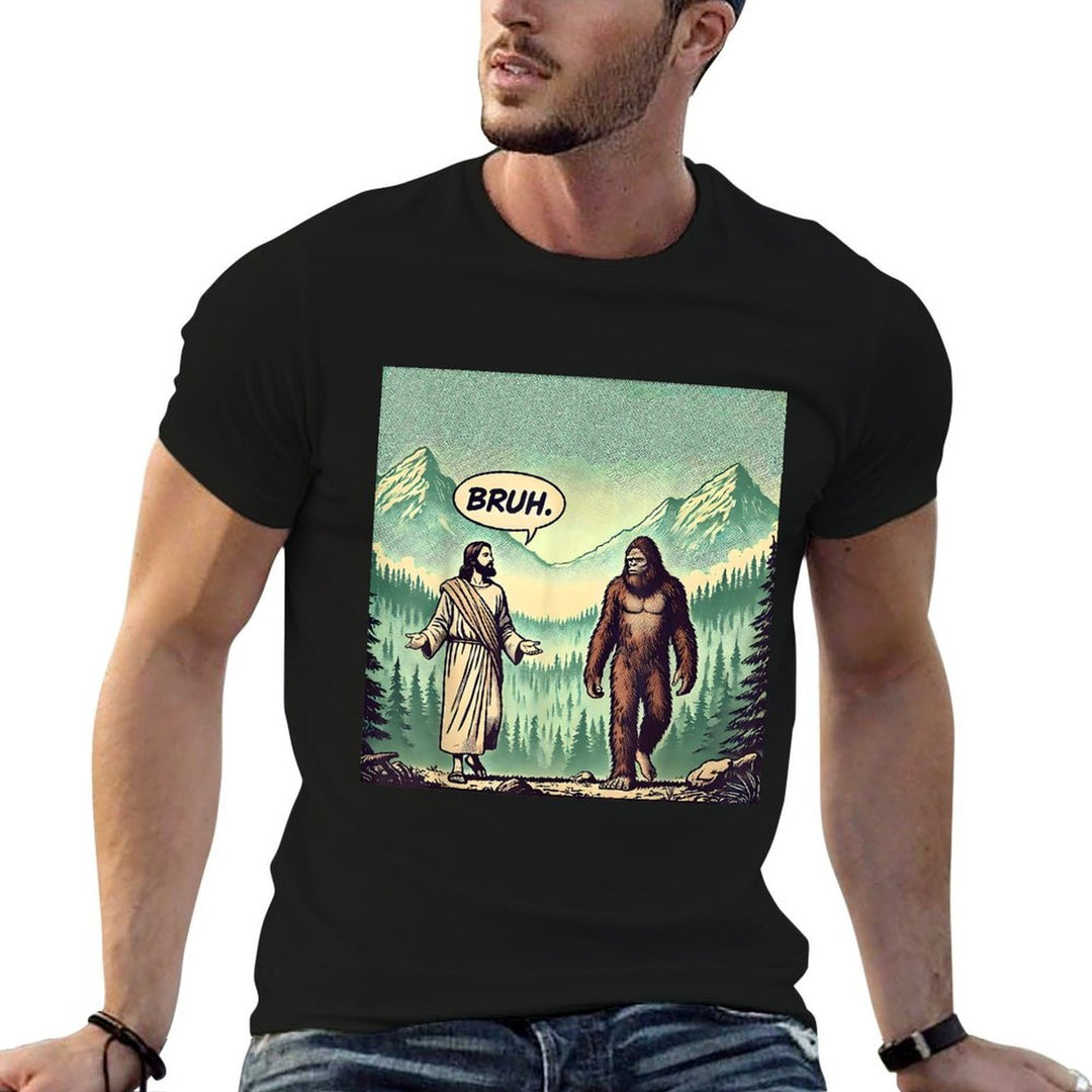 Bruh Meme Funny Jesus Bigfoot Vintage Comic Book Catholic  Easy-care T-Shirt