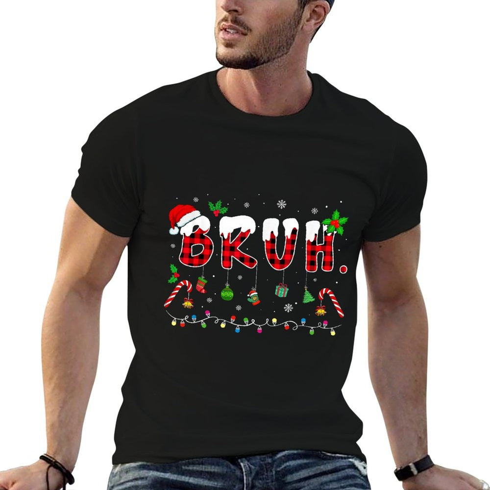Bruh Funny Christmas Red Plaidns Boys Kids Xmas Pajamas  Polyester Blend T-Shirt