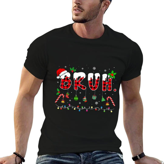 Bruh Funny Christmas Red Plaidns Boys Kids Xmas Pajamas  Polyester Blend T-Shirt