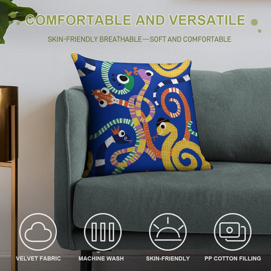 Cute Crazy Snakes Electric Blue Soft Short Plush Fabric Throw Pillow