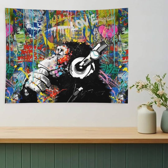 Monkey Thinker - Banksy Urban Contemporary Colorful Street Art -  DJ Chimp Tapestry
