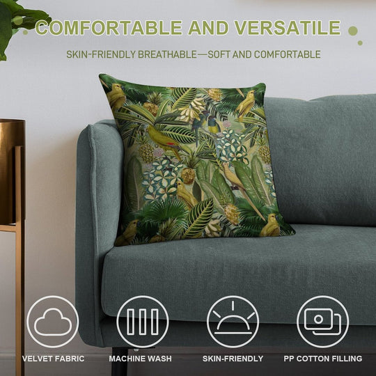 Vintage Green Tropical Bird Jungle Botanical Night Garden Nightgarden Soft Short Plush Fabric Throw Pillow