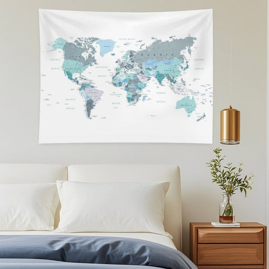 Map of The World in Shades of Teal Tapestry