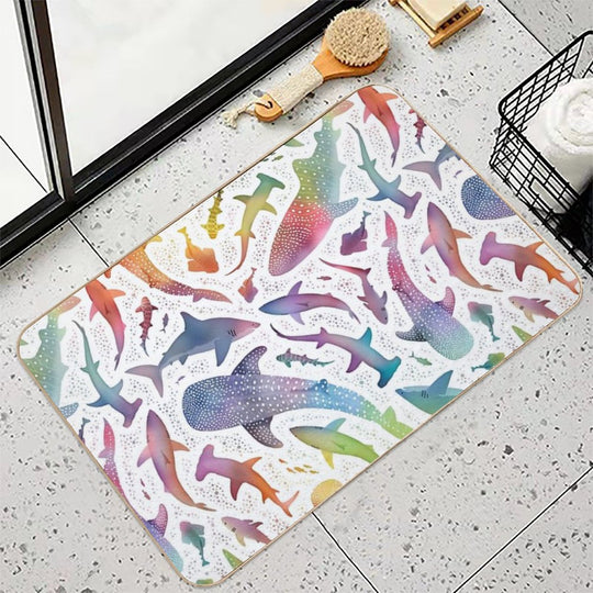 Rainbow Shark Ocean on White  High-Traffic Bath Mat