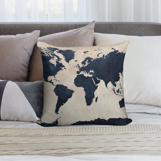 World Map Distressed Navy Soft High-Density Material Throw Pillow