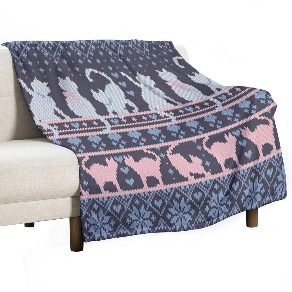 Fair Isle Knitting Cats Love  Dark Violet Background White And Violet Kitties And Details Quick-dry Throw Blanket