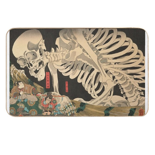 Samurai Fighting Giant Skeleton - Vintage Japanese Ukiyo-e Woodblock.  Multi-Purpose Bath Mat