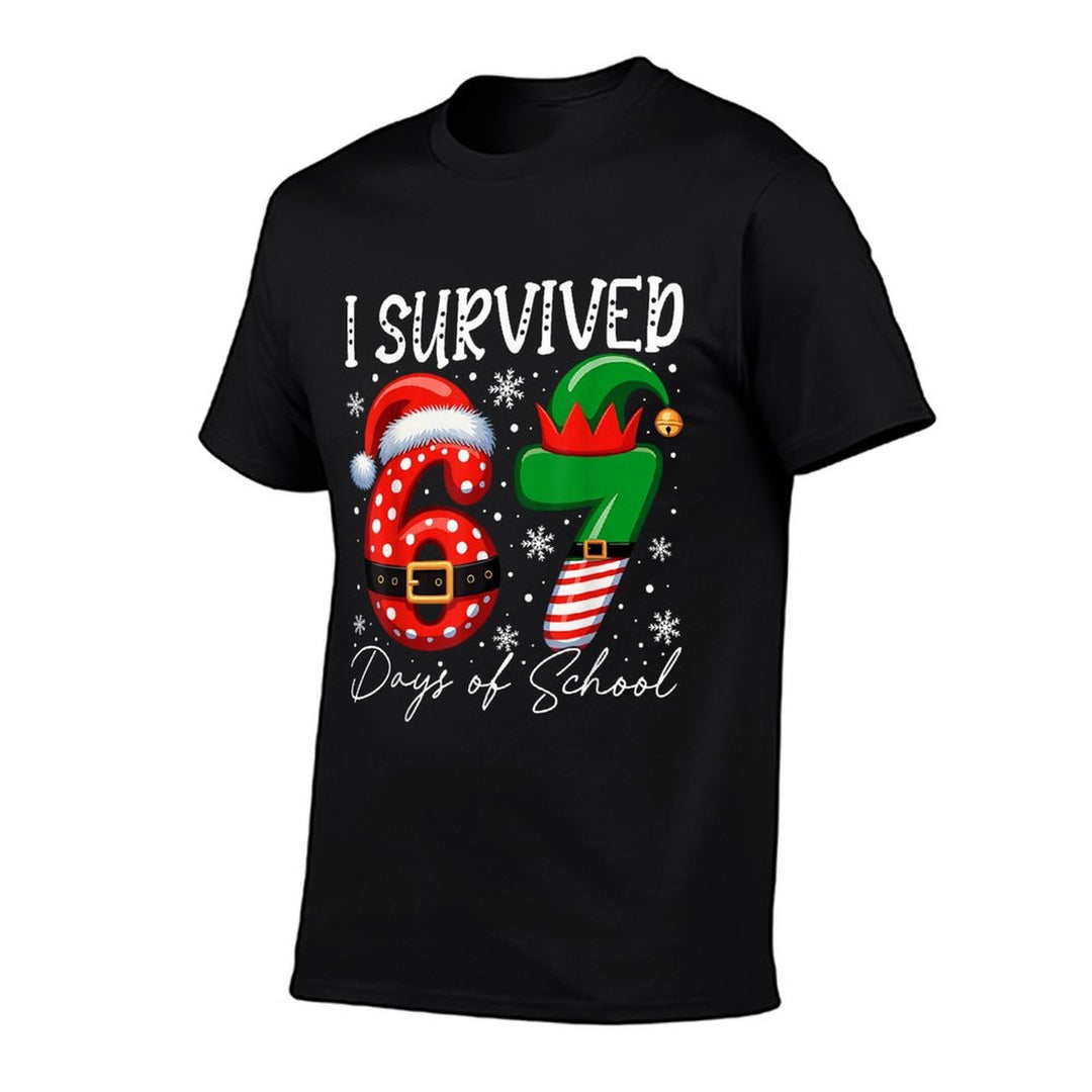 I Survived 67 Day of School Funny 67 Xmas Santa Elf Hat Meme  Heathered Texture T-Shirt