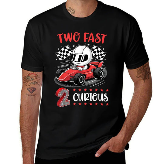 Kid Two Fast 2 Curious 2nd Birthday Two Years Old Car Racing  Heathered Texture T-Shirt