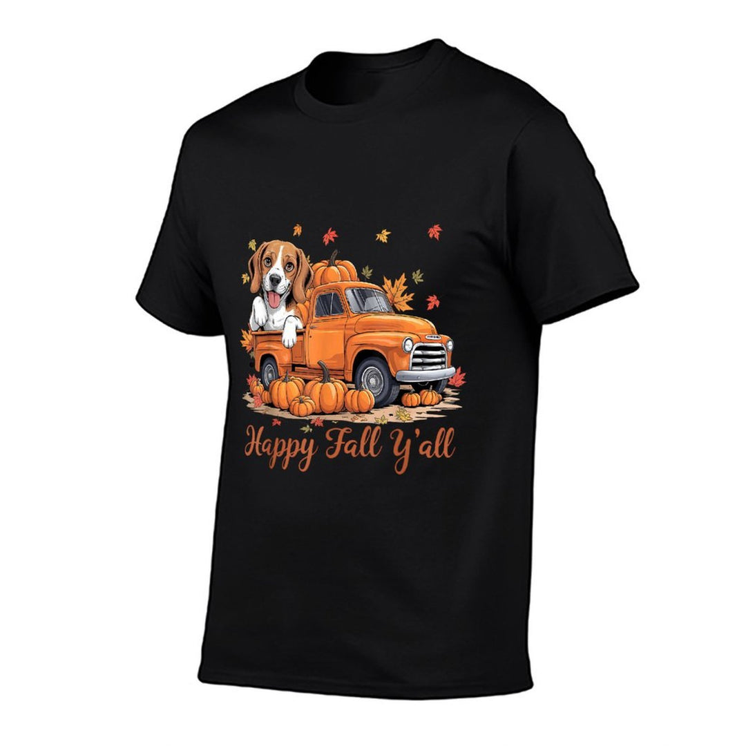 Happy Fall Yall Beagle Dog Truck Pumpkin Autumn Fall  Ribbed Collar T-Shirt
