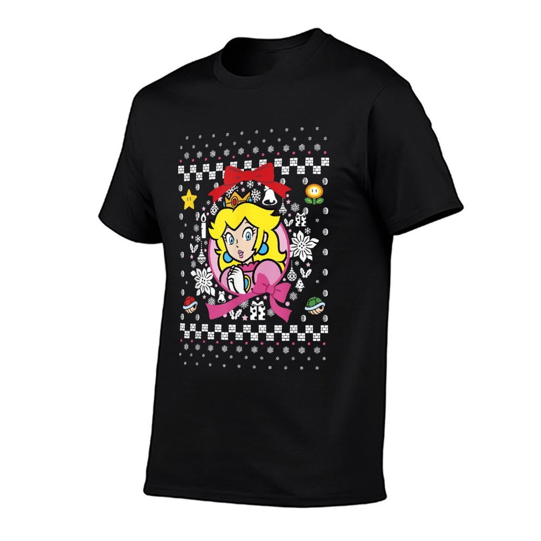 Super Mario Classic Ugly Christmas Peach Graphic  Rolled Sleeves T-Shirt