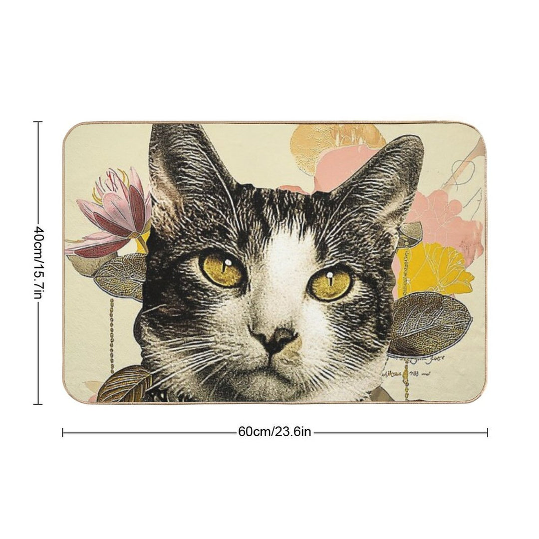 Whimsical Floral Cat Artwork Print  Anti-Trip Bath Mat