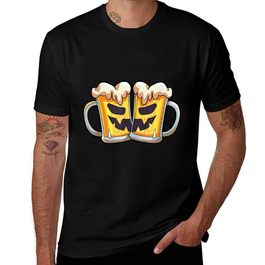 Funny Halloween Men Beer Lover Scary Pumpkin Face  Relaxed-fit T-Shirt