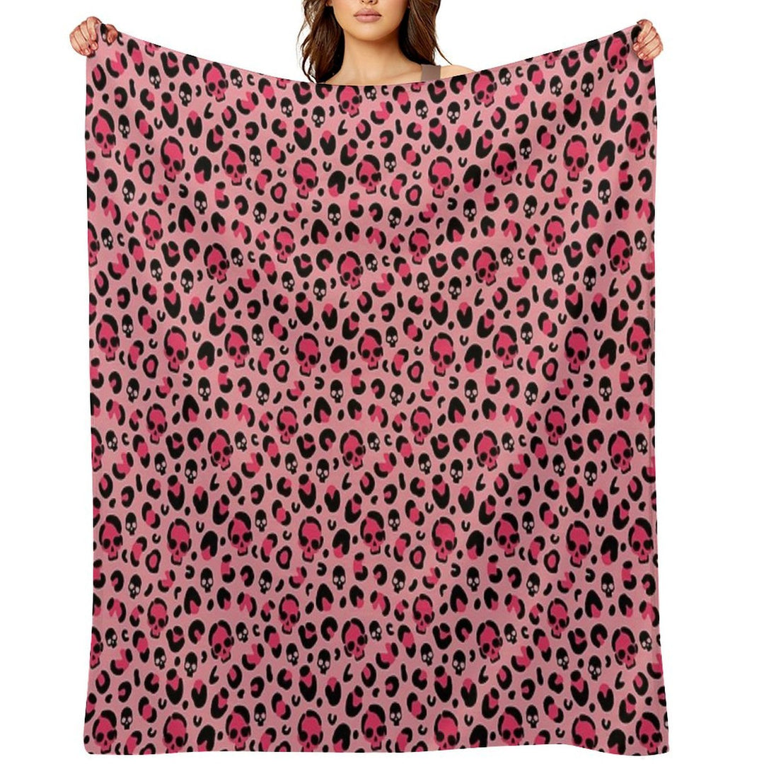 Skull Leopard Print on Pink Background. Machine-washable Throw Blanket