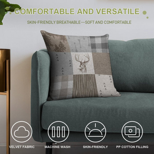 Deer Patchwork - Rustic Neutrals Soft Hidden Zipper Throw Pillow