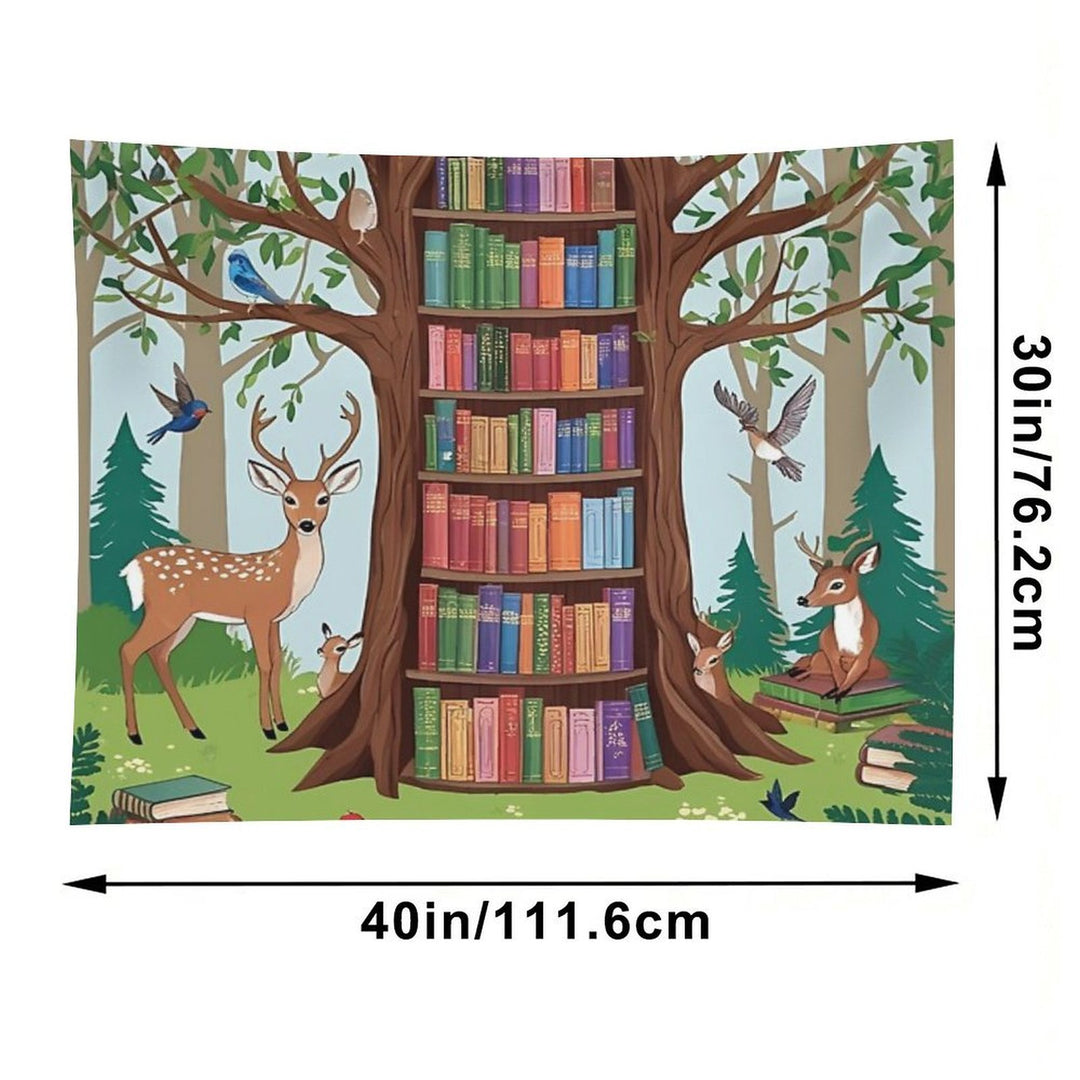 Enchanted Forest Library – Whimsical Book Haven Illustration Tapestry