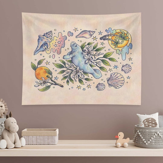 Orange Blossom Manatee  Ocean Tropical Art Tapestry
