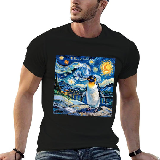 Penguin Starry Night Funny Penguin Art Van Gogh Style  Heathered Texture T-Shirt