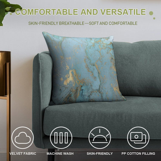 Marble Design - Gold Effect - Turquoise Blue, Teal Marbling Soft Hidden Zipper Throw Pillow