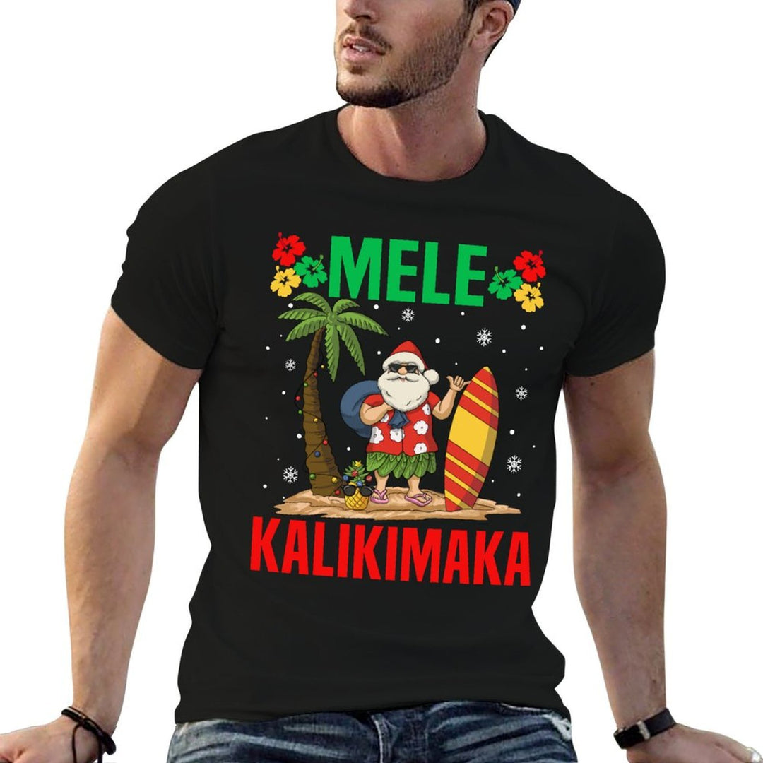 Mele Kalikimaka Tropical Christmas Hawaiian Xmas Santa Claus  Ribbed Collar T-Shirt